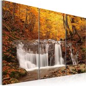 Schilderij - Waterval tussen bomen in de herfst.