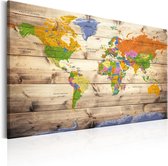 Schilderij - Map on wood: Colourful Travels.