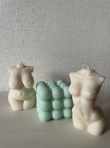 Kaarsen - decoratieve kaarsen SET van 3 - bubbel bubble kubus bollen  mint - Enya en Ava vrouwenlichaam curvy wit