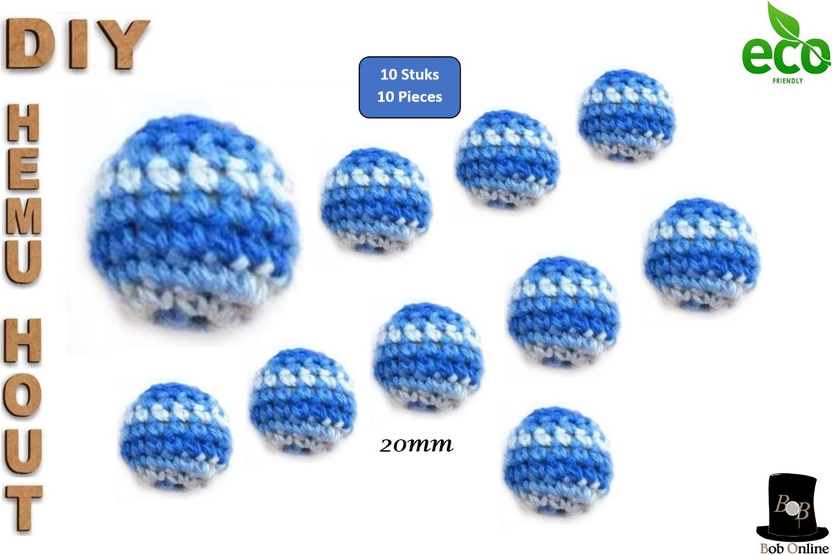 Bob Online ™ – 10 Stuks – Veelkleurig Blauw/Wit - 20mm Ronde Gehaakte Houten Kralen met ca. 4mm Gaatje – Houten Gehaakte Kralen - Rijgkralen - Kralen Rijgen - Hobby Gehaakte Kralen - DIY Multicolored Blue/White 20mm Hemu Wood Crochet Beads