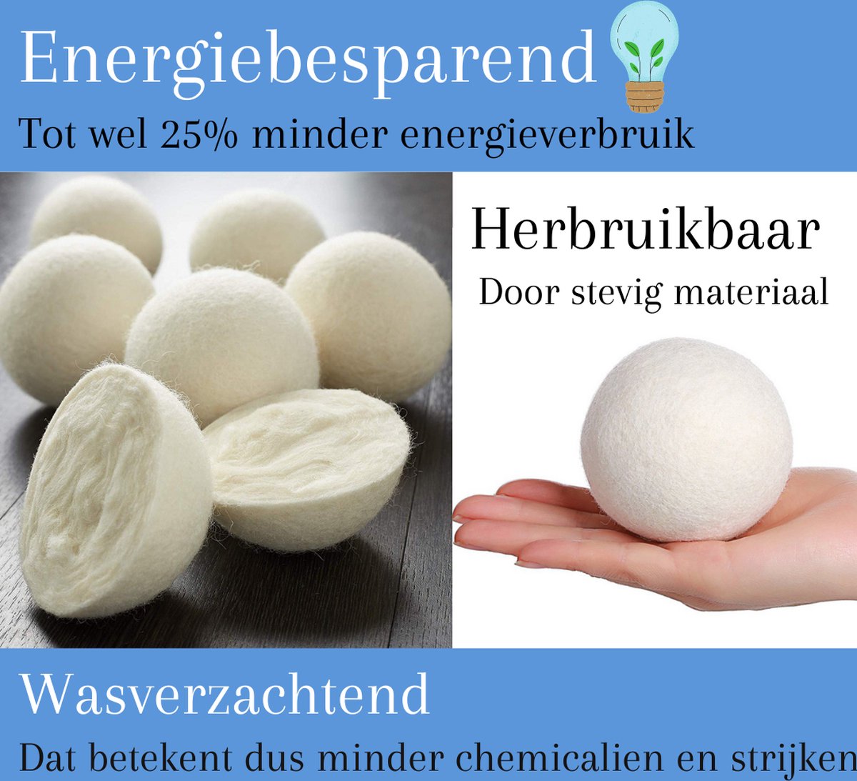 6x Energiebesparende Wasdroger ballen van wol - Wasbol anti pluis -  Drogerballen voor... | bol.com