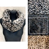 Sjaal dames - losse bontkraag - ronde colsjaal - nekwarmer - zacht warm breisel - nepbont - luipaard - donker blauw grijs
