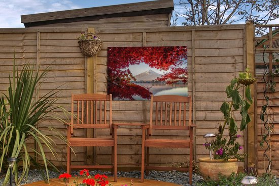 Décoration de jardin Mont Fuji vu à travers les feuilles rouges au Japon - 60x40 cm - Poster jardin - Toile jardin - Poster extérieur