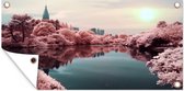 Décoration murale extérieur Parc à Tokyo, Japon avec lac entouré de Sakura avec fleurs de cerisier - 160x80 cm
