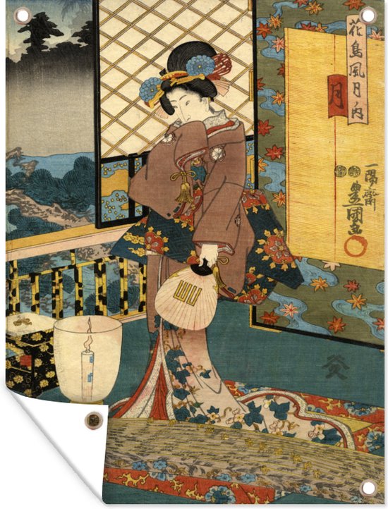 Tuinposter - Tuindoek - Tuinposters buiten - Japanse illustratie met een vrouw in een traditionele jurk - 90x120 cm - Tuin