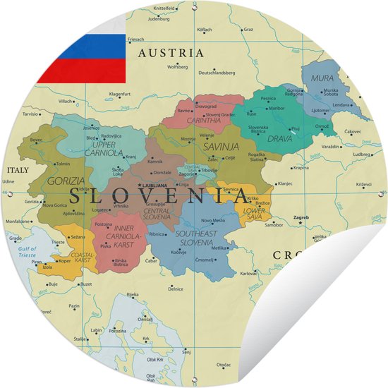 Tuincirkel Kleurrijke kaart van Slovenië en de vlag - 90x90 cm - Ronde Tuinposter - Buiten