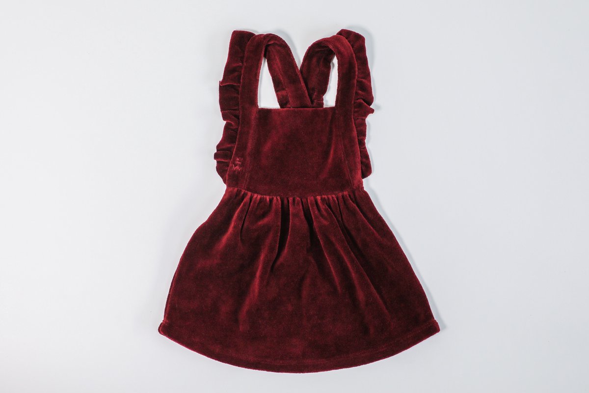 MXM Baby Jurk- Bordeaux- Velours- Dungaree- Roesels- verstelbare- Drukknoopjes- Maat 92