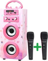 DYNASONIC (3e Generatie) - Draagbare bluetooth karaoke spreker met meegeleverde microfoons, usb- en sd-lezer, FM-radio model 025 (Helder roze)