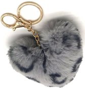 Sleutelhanger Fluffy Hart - Panterprint - 9 cm - Grijs