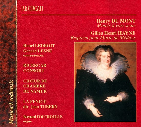 Albumcover met rood met tekst. Een schilderij van een vrouw in een zwarte jurk met een witte kanten kraag.