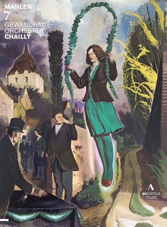 Schilderij met een vrouw in een groene jurk die aan een groene ketting slingert in een landschap, met mannen beneden.