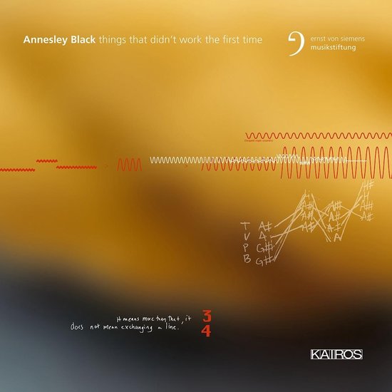 Albumhoes met titel Annesley Black things that didn't work the first time, golfvormen, noten en de tekst "it means more than that, it does not mean exchanging a line."