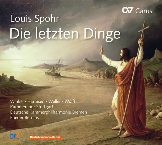 Albumhoes met Jezus aan de rechterkant, een schip op het water, schapen en bergen.