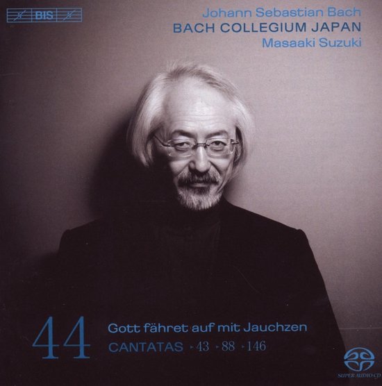 Portret van een man met bril en grijs haar, zittend. "J.S. Bach Cantatas Vol. 44".