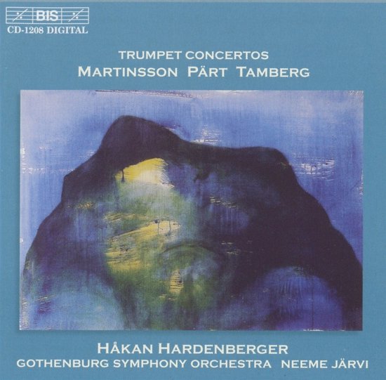 CD hoes met abstracte, blauwe en groene verfstreken die een bergachtig landschap vormen. Titel: Trumpet Concertos.