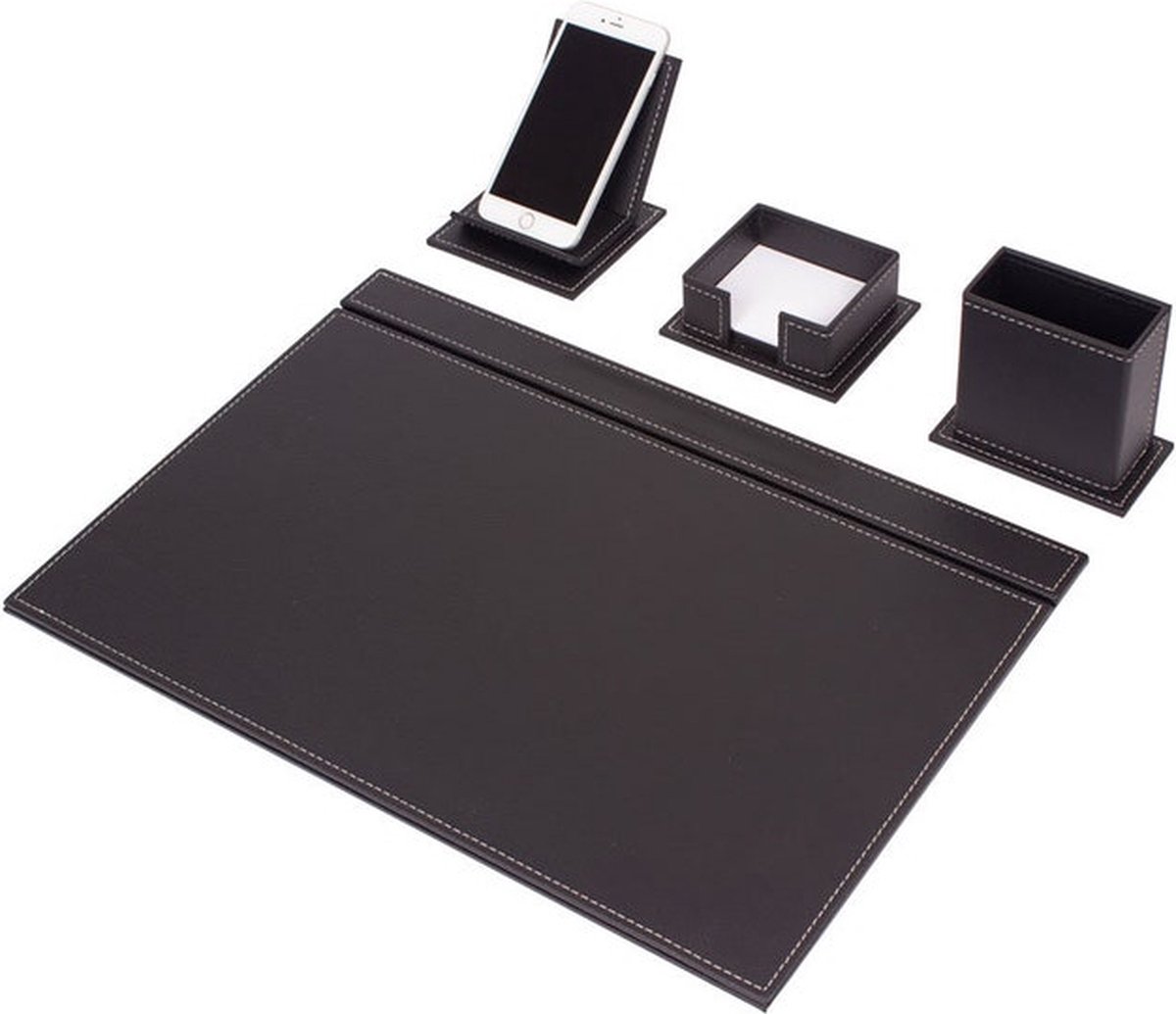 Bureau Organizer - Lederen Bureauset ZWART - Bureau Onderlegger - Wit Gestikt-4 Accessoires-Bureau Accessoires- Voor Kantoor-Bureau Accessoires-Office Organizer-Bureau Pad - Bureau Organizers En Accessoires