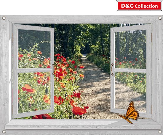 D&C Collection - tuinposter - 90x65 cm - doorkijk - wit luxe venster klaprozen -bospad - tuin decoratie - tuinposters buiten - schuttingposter - tuinschilderij
