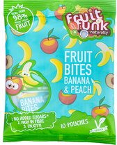 Fruitfunk Uitdeelzak Banaan Perzik (12 uitdeelzakken met 10 kleine snoepzakjes 10g) - Fruitsnack - snoepjes gemaakt van fruit - Vegan - Gezond snoep - Geen toegevoegde suikers - id