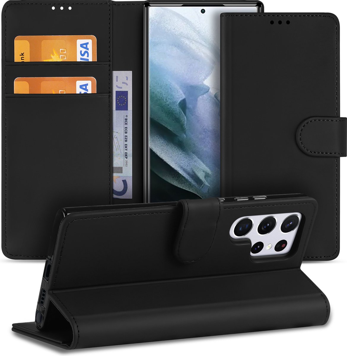 Samsung Galaxy S22 Ultra Bookcase Telefoon Hoesje Zwart met Pasjeshouder