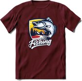 Fishing - Vissen T-Shirt | Grappig Verjaardag Vis Hobby Cadeau Shirt | Dames - Heren - Unisex | Tshirt Hengelsport Kleding Kado - Burgundy - S