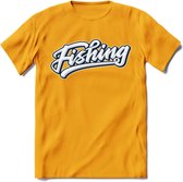Fishing - Vissen T-Shirt | Grappig Verjaardag Vis Hobby Cadeau Shirt | Dames - Heren - Unisex | Tshirt Hengelsport Kleding Kado - Geel - S