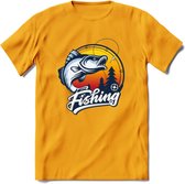 Fishing - Vissen T-Shirt | Grappig Verjaardag Vis Hobby Cadeau Shirt | Dames - Heren - Unisex | Tshirt Hengelsport Kleding Kado - Geel - 3XL