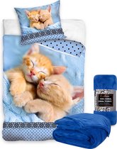 Dekbedovertrek 2 Kittens - Poezen - 1 persoons- 140x200 cm- Katoen - Blauw- dubbelzijdig, incl.  incl. Fleece deken- 150x200cm- 100% Polyester Blauw