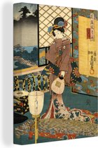 Canvas Schilderij Japanse illustratie met een vrouw in een traditionele jurk - 30x40 cm - Wanddecoratie