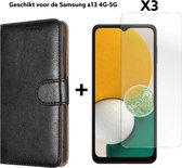samsung galaxy A13 hoesje book case zwart met pas houder wallet case + 3x screen protector tempert glass