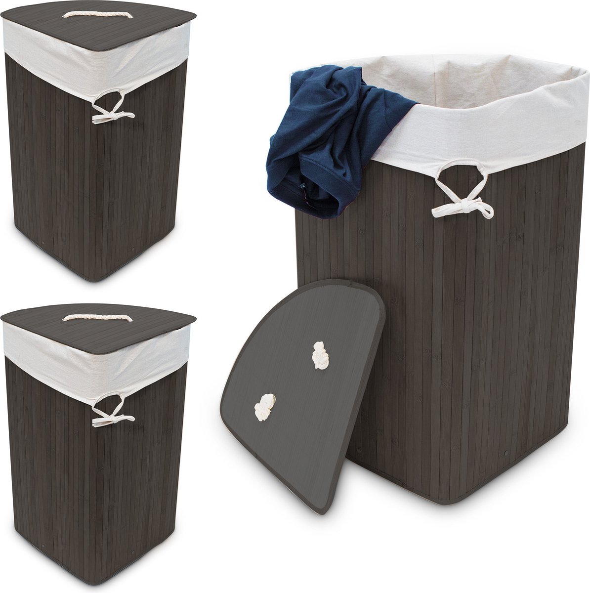 Goedkoopste 3x wasmand hoekmodel bamboe - 60 liter - deksel - zwarte wasbox - driehoekig