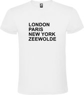 Wit t-shirt met " London, Paris , New York, Zeewolde " print Zwart size XL