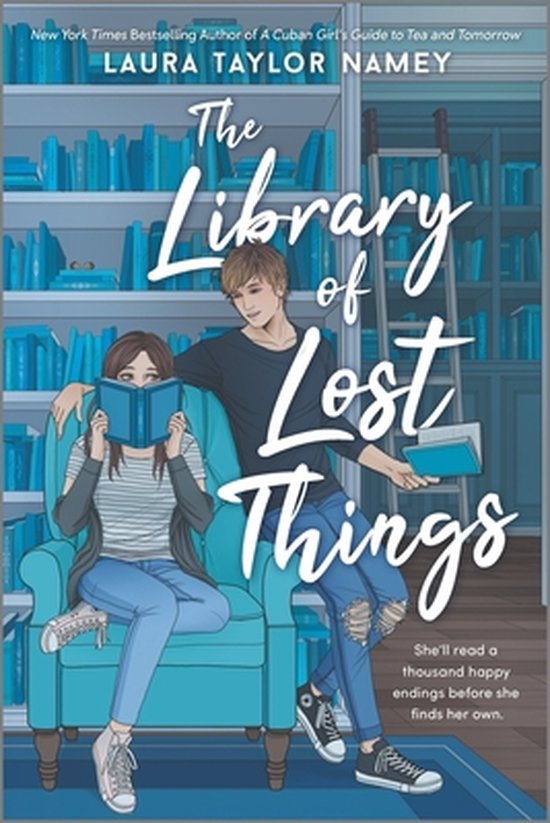 Boekcover met op de voorgrond een vrouw die in een stoel zit en een boek leest, met naast haar een man die een boek vasthoudt. De achtergrond is een bibliotheek.