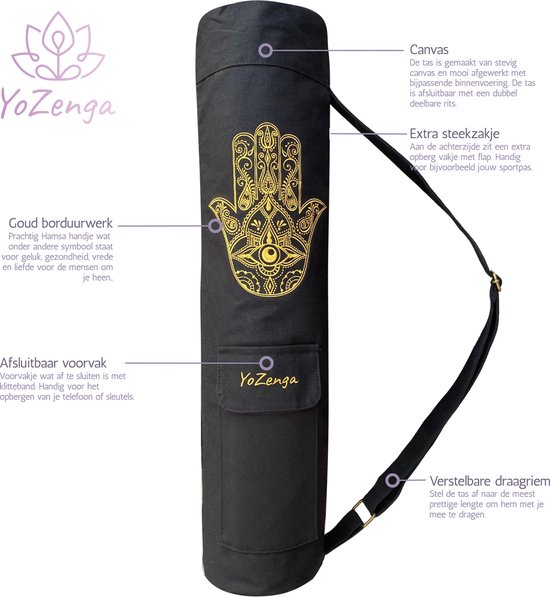 YoZenga Hamsa Yogatas - Olive Black - Yoga Koker Tas - Stevig Canvas - Gouden Hamsa Borduursel - Verstelbare Schouderband van YoZenga — afbeelding 2