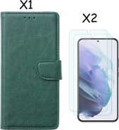 Samsung S22 hoesje Groen Samsung Galaxy S22 5G hoesje bookcase portemonnee cover - Samsung hoesje S22 - Samsung S22 screenprotector / 2X Beschermglas
