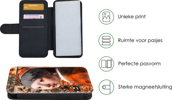 Bookcase pour iPhone 13 Mini Bookcase - Fille à la perle - carrelages - Vermeer - Avec compartiments - Étui portefeuille avec fermeture magnétique