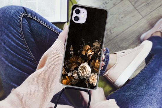 Telefoonkoord - Telefoonketting - Telefoonhoesje Geschikt voor iPhone 12 Mini - Bloem - Gold - Patronen - Siliconen - Crossbody - Telefoonhoesje met koord Telefoonhoesje