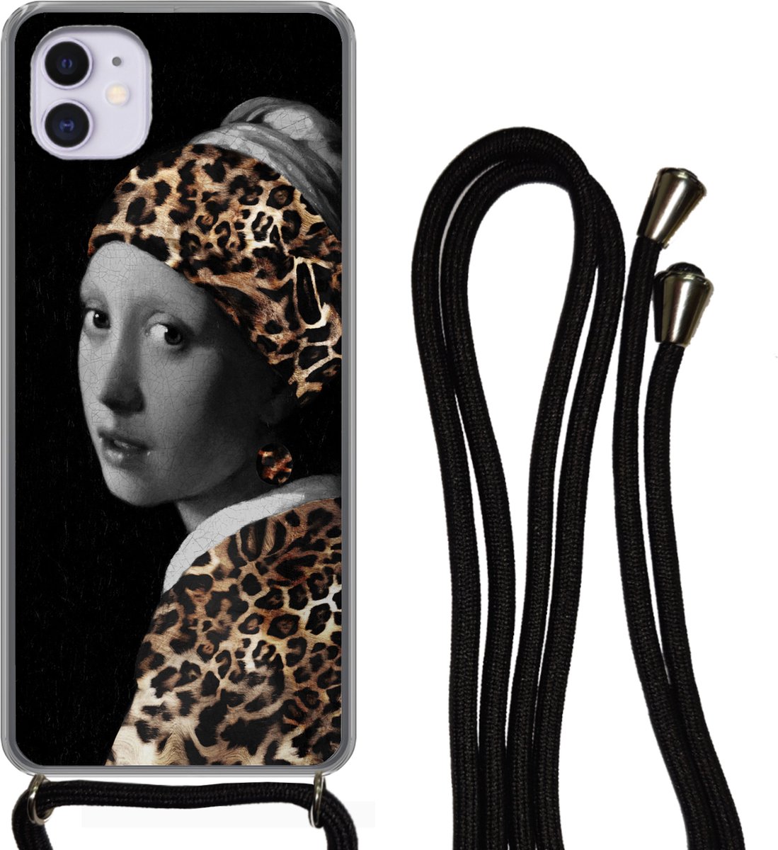 Telefoonhoesje Geschikt voor iPhone 12 - Meisje met de parel - Panterprint - Vermeer - Siliconen - Crossbody - Backcover met Koord - Telefoonhoesje met koord - Hoesje met touw Telefoonhoesje