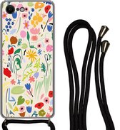 Hoesje met koord Geschikt voor iPhone SE 2020 - Bloem - Patronen - Planten - Siliconen - Crossbody - Backcover met Koord - Telefoonhoesje met koord - Hoesje met touw