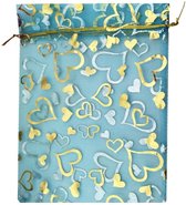 Fako Bijoux® - Organza Zakjes - 9x12cm - Feestzakjes - Snoepzakjes - Cadeauzakjes - Sieradenzakjes - Hart Turquoise - 10 Stuks