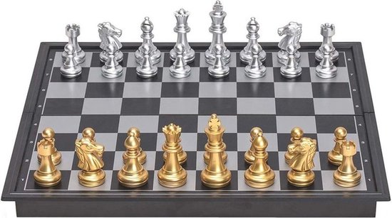 Thumbnail van een extra afbeelding van het spel Magnetisch Zak Schaakspel met Gouden en Zilveren Schaakstukken 32 X 32 cm