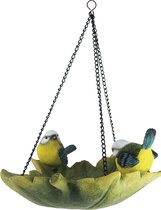 Vogelbad hangend bladvormig koolmees 25 cm hoog inclusief ketting - voedersystemen - vogelbadje - voederhanger - pinda - noten - metaal - polyresin  - tuinieren - tuinfiguur - tuindecoratie - tuinaccessoire - geschenk - cadeau - vogelliefhebbers