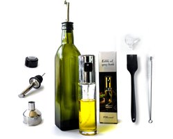 Olijfolie Sprayer - Olijfolie Fles – Olijfolie/ Azijn – Glazen Oliefles – Luxe Olie Fles - Navulbaar – Inclusief schenktuit, trechter en dop met kurk – Olijfolie Set – Olijfolie Sprayer inclusief accessoires – Olijfolie voor keuken - Cadeau