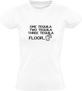 One, two, three tequila - Floor… | Dames T-shirt | Wit | Een, twee, drie tequila - Vloer… | Borrel | Dronken | Sterke Drank | Shotjes | Feest | Festival | Carnaval