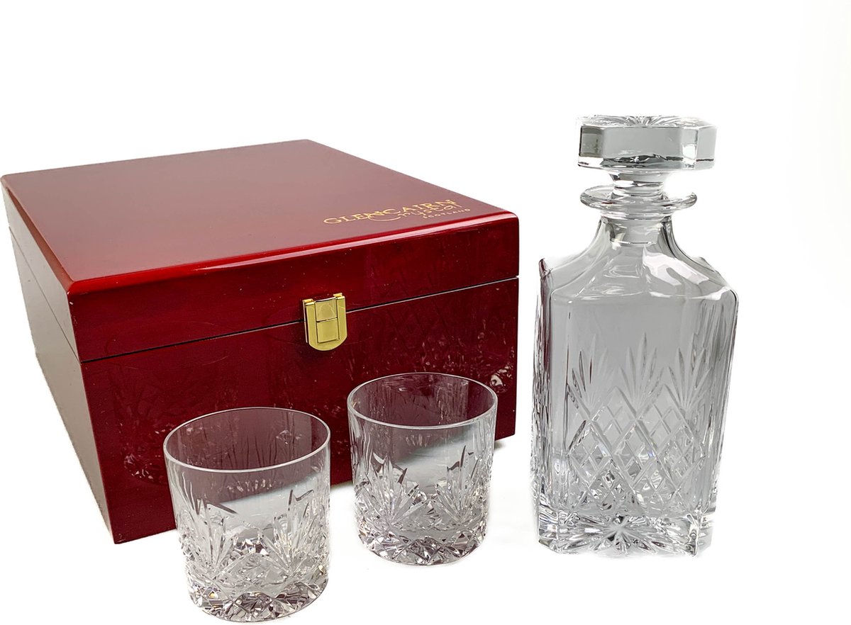 Geschenkset Skye met Karaf en 2 Skye Whiskyglazen in houten presentatiebox - Loodkristal - Glencairn Crystal Scotland