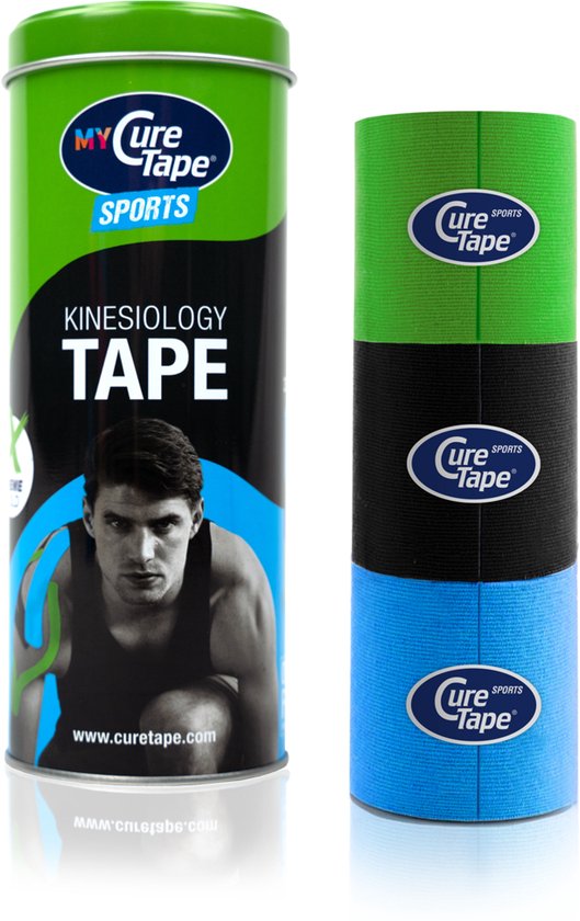 CureTape Sports - 3 rouleaux : 2.5m x 5cm - Lime-noir-bleu (kinesio tape, sports tape)