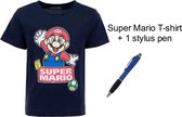 Super Mario Bross T-shirt - Kleur Donkerblauw - 100% Katoen. Maat 116 cm / 6 jaar + EXTRA 1 Stylus Pen.