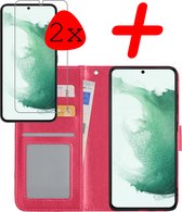 Hoes Geschikt voor Samsung S22 Ultra Hoesje Bookcase Hoes Flip Case Book Cover Met 2x Screenprotector - Hoesje Geschikt voor Samsung Galaxy S22 Ultra Hoes Book Case Hoesje - Donkerroze