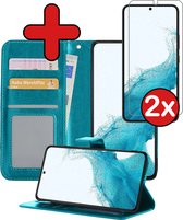 Hoesje Geschikt voor Samsung S22 Plus Hoesje Book Case Hoes Portemonnee Cover Walletcase Met 2x Screenprotector - Hoes Geschikt voor Samsung Galaxy S22 Plus Hoes Bookcase Hoesje - Turquoise