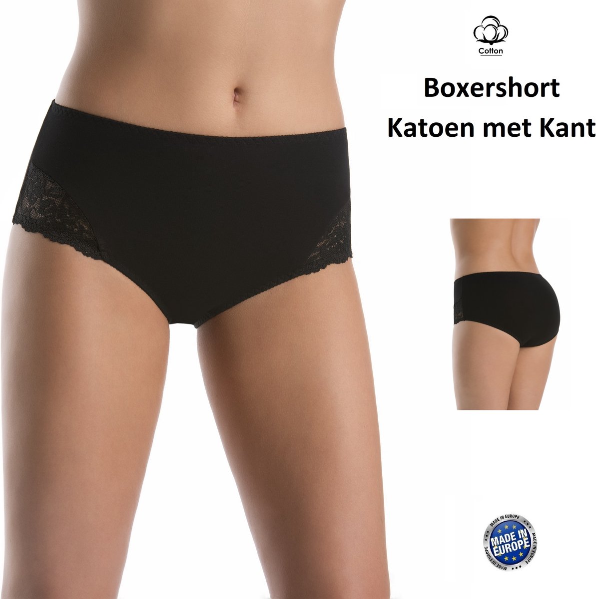Teyli Dames Ondergoed Short Katoen met Kant inzet - Zwart XL