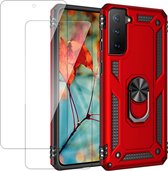 Casemania Hoesje Geschikt voor Samsung Galaxy S22 Rood & 2X Glazen Screenprotector - Anti-Shock Hybrid Armor met Kickstand Ring